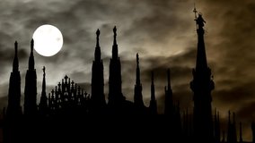 Milan: Gargoyles, Statues and Gothic decorations in the Roof of Cathedral, Time Lapse By Night with Dark Atmosphere, Fog, Smoke, and Full Moon - Powered by Shutterstock - Get 15% off with code: PIKWIZARD15