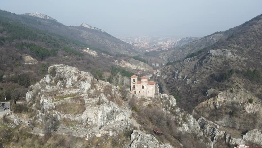 Aerial view of Church of the Holy Mother of God at ruins of Medieval Asen Fortress, Asenovgrad, Plovdiv Region, Bulgaria