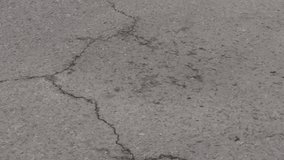 The video shows a close-up shot of a crack on the road surface. The crack is zigzagging and appears to be quite deep. The video pans over the crack, and we can see it's several meters long.