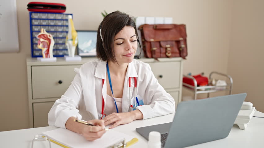 Young caucasian woman doctor on a video call writing on clipboard at clinic | Shutterstock HD Video #1100911157
