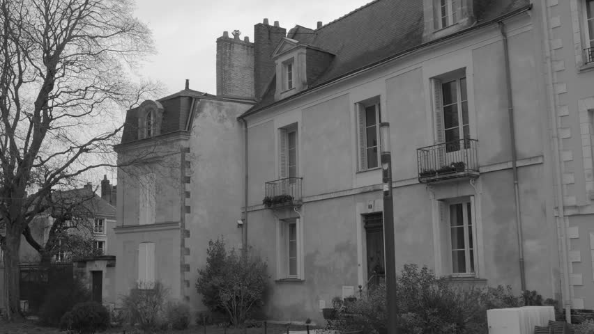 Facade Exterior Of An Ancient Structure In Angers Historic Center, France. Black And White