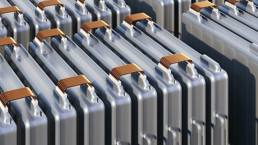 Electric Vehicle Battery storage case, Modern EV Battery Pack manufacturing, Lithium-Ion Supply, Clean Energy Storage, new solid li-ion cell pack,  battery module inside metal enclosure, 3d Rendering Royalty-Free Stock Footage #1100914007
