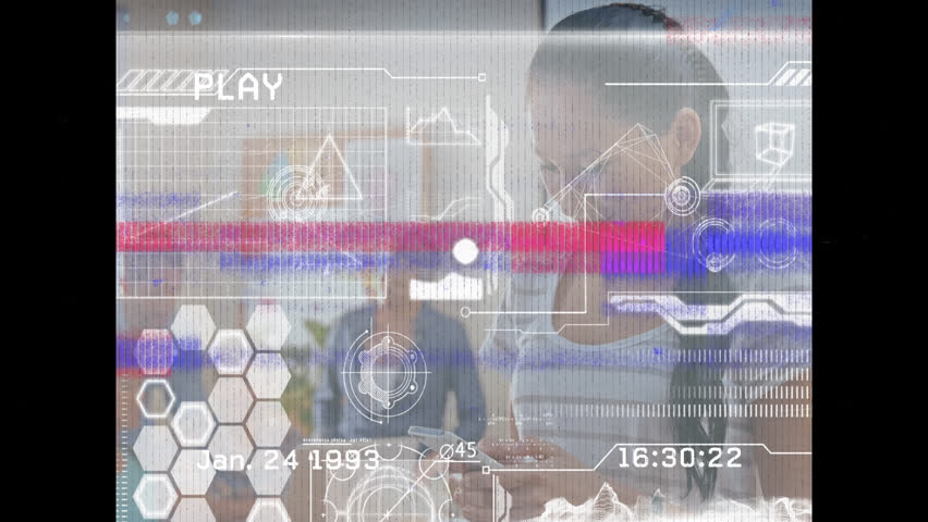 Vhs glitch effect over spinning globe against asian girl using smartphone in the laboratory. global networking and research concept - Powered by Shutterstock - Get 15% off with code: PIKWIZARD15