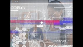 Vhs glitch effect over spinning globe against asian girl using smartphone in the laboratory. global networking and research concept - Powered by Shutterstock - Get 15% off with code: PIKWIZARD15