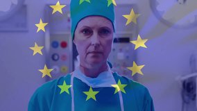 Animation of flag of european union over caucasian female surgeon tying face mask. medicine, health and patriotism concept digitally generated video.