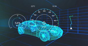 Animation of speedometer over electric car project on navy background. electric cars, eco power, sustainability and technology concept digitally generated video.