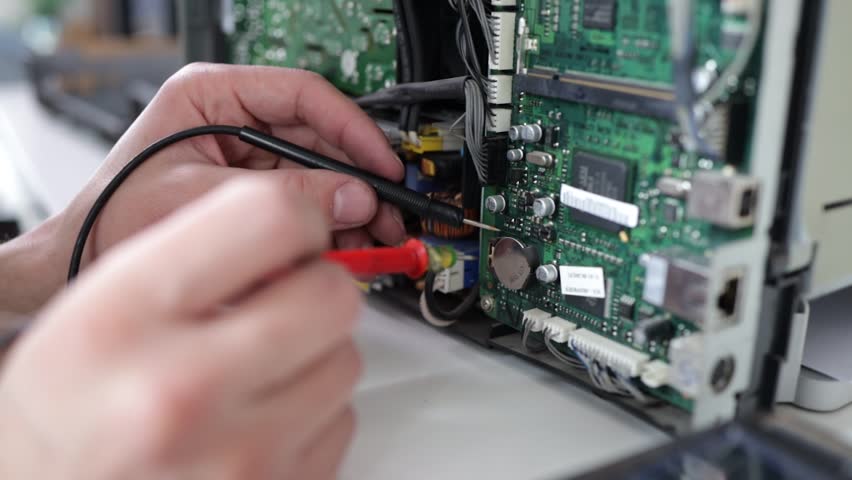 Close-up image of technician man hand measuring electrical voltage of computer mainboard by using digital multimeter. Maintenance and repair computer hardware service concept. | Shutterstock HD Video #1100919365