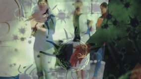 Animation of virus cells over diverse business people shaking hands. global business and digital interface during covid 19 pandemic concept digitally generated video. - Powered by Shutterstock - Get 15% off with code: PIKWIZARD15