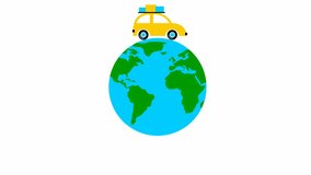 Animated car drives around the green blue planet. yellow vintage car with baggage rides. Looped video. Travel concept by car. Trip around the world. Flat vector illustration isolated on white backgrou
