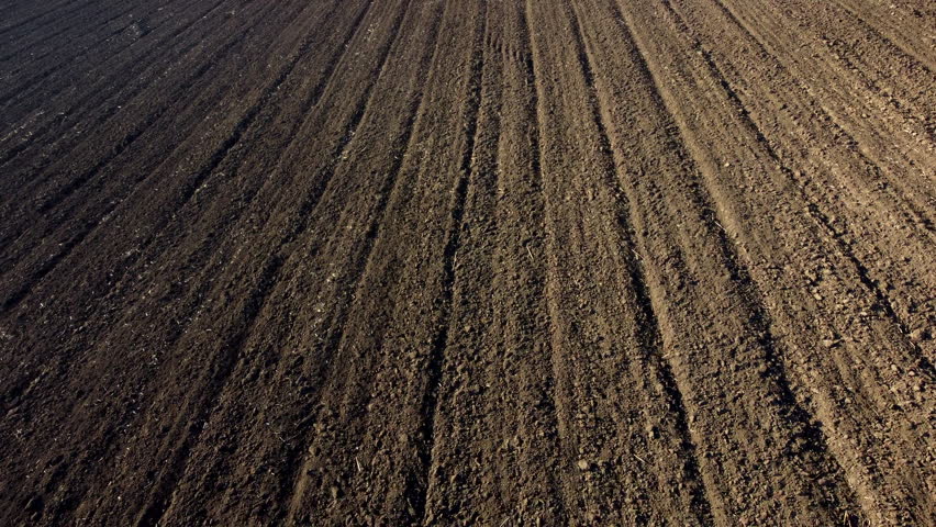 Landscape of plowed up land on an agricultural field on a sunny autumn day. Flying over the plowed earth with black soil. Black soil. Ground earth dirt priming aerial drone view. Agrarian background Royalty-Free Stock Footage #1100924557