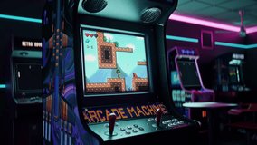 Animation of the classic platformer game played on the retro arcade machine. Animation of a classic jumping simulator played in the gaming room. Playing the animation of the classic arcade.