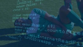 Data processing against injured african american male soccer player holding his leg on sports field. sports and technology concept - Powered by Shutterstock - Get 15% off with code: PIKWIZARD15