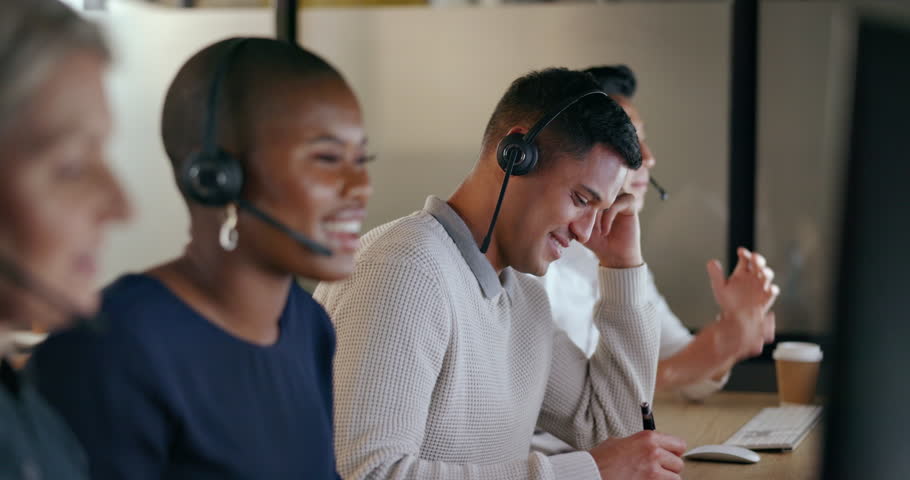 Call center, business man and team communication, global office and telemarketing diversity. Telecom, technical support or virtual help desk agent, consultant or ecommerce worker smile on computer Royalty-Free Stock Footage #1100928903