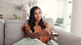 Black woman, remote control and sofa in home living room for watching tv, movies or streaming with excited face. Gen z girl, relax and comfort in house for movie, film or television on lounge couch - Powered by Shutterstock - Get 15% off with code: PIKWIZARD15