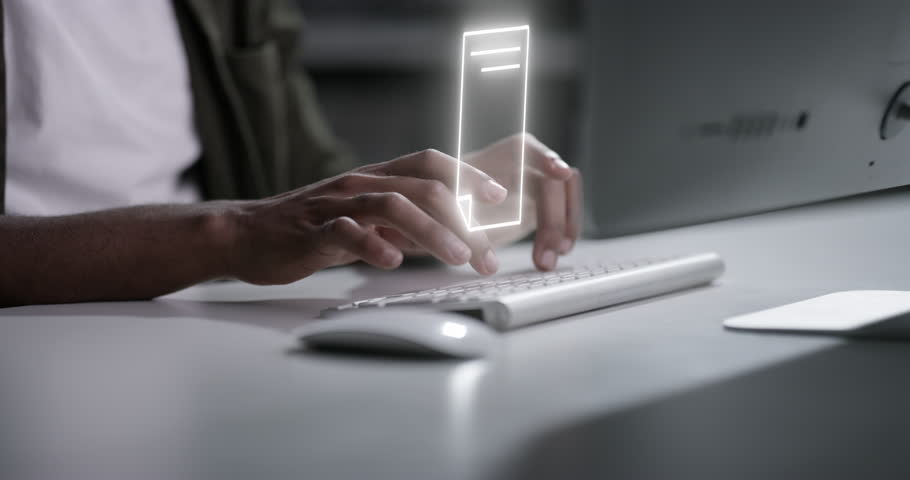 Hands, computer and futuristic innovation document in night office for contact us, ebook planning and growth strategy goals checklist. businessman and tech keyboard typing on abstract 3d paper | Shutterstock HD Video #1100929559