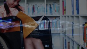Animation of dna strand over disabled caucasian schoolgirl learning in library. global education, connections and digital interface concept digitally generated video. - Powered by Shutterstock - Get 15% off with code: PIKWIZARD15