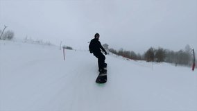 A man in black clothes snowboarding, a snowboarder with a 360 camera, shooting with a 360 camera, snowboarding