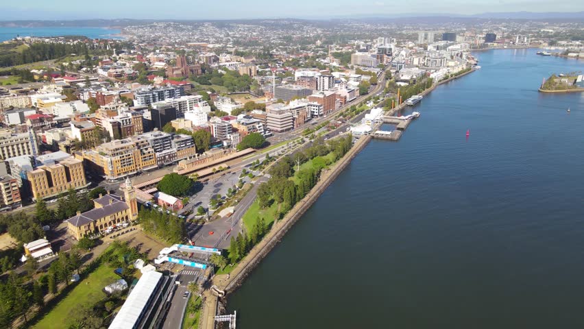 Aerial drone view of the harbour city of Newcastle, NSW, Australia on a sunny day 