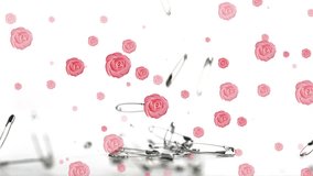 Animation of roses falling over safety pins on white background. animation of leaves appearing over sprinkles falling on white surface. - Powered by Shutterstock - Get 15% off with code: PIKWIZARD15