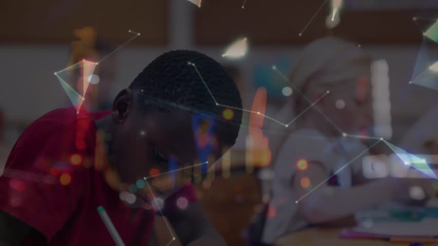 Animation of network of connections over smiling african american schoolboy and globe. global education, connections, networks and data processing concept digitally generated video. - Powered by Shutterstock - Get 15% off with code: PIKWIZARD15