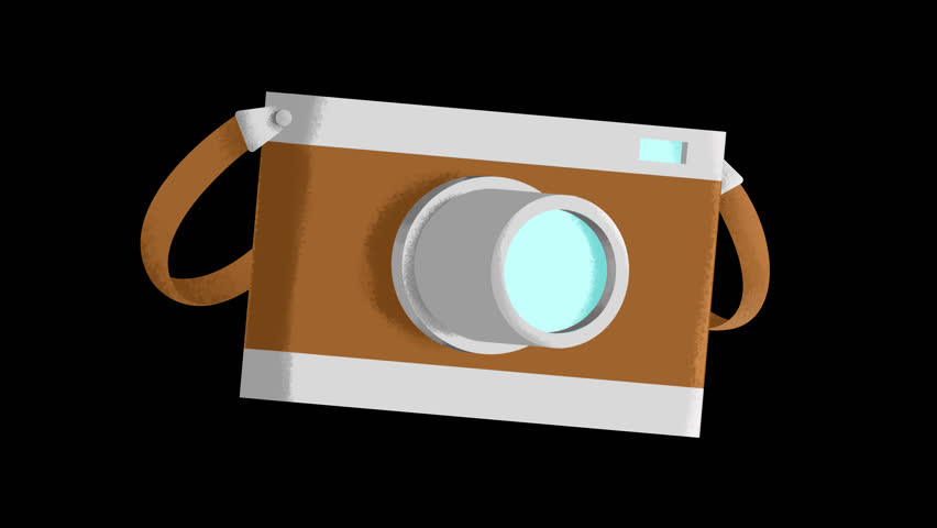 Retro vintage camera on transparent background. Looped animation video with alpha channel. Fake 3D animation. Flat icon. GIF. Concept of shooting photography on film. Photographer takes photo. Reflect