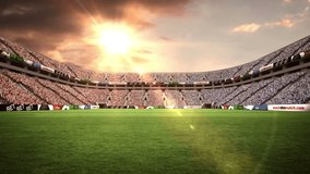 Animation of balls with scotland falling over sports stadium. sport, games, competition concept digitally generated video.