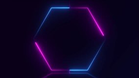 Neon glowing blue pink laser lines hexagon frame on black background. Seamless loop