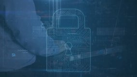 Animation of padlock, text and data processing over caucasian male it technician by server. global online security, digital interface and data processing concept digitally generated video. - Powered by Shutterstock - Get 15% off with code: PIKWIZARD15