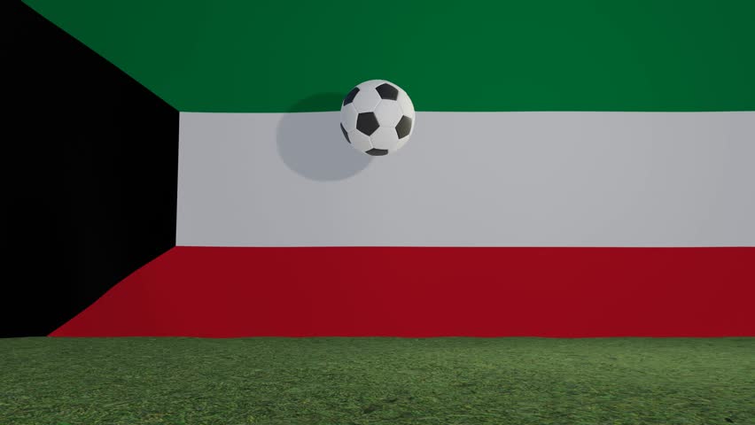3D Render Animation Soccer Football bouncing on grass colliding with viewer in front of Flag of Kuwait