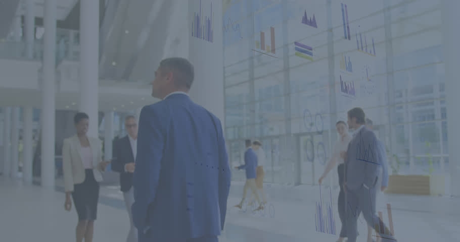 Animation of cityscape, data processing over diverse business people. Global business, finances, computing and data processing concept digitally generated video.