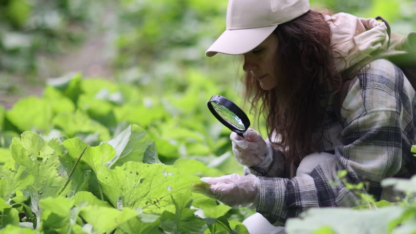 Female biologist is using a magnifying glass to look at plants with pest leaves. to collect data for analysis. Organic farming concept. Close up