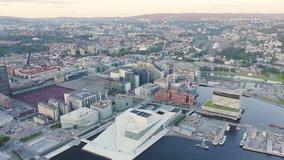 Inscription on video. Oslo, Norway. View overlooking the town. Sunset. Aerial view. Name is burning, Aerial View, Point of interest