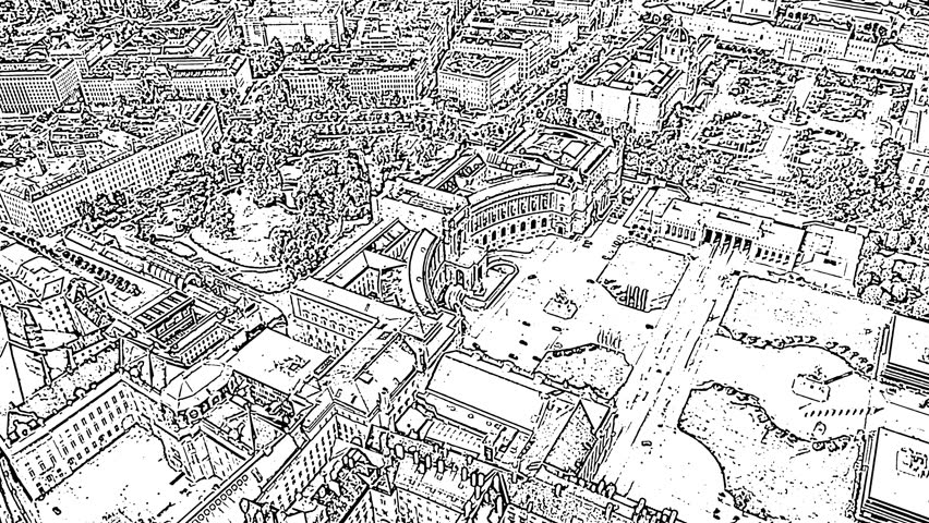 Vienna, Austria. The Hofburg Palace complex is rendered in a continuous aerial sketch animation that glides over the Neue Burg wing and the adjacent Heldenplatz. The curved facade of the Neue Burg dominates the center of the frame, its arched colonnade and monumental scale clearly visible even in the simplified line-art treatment. The equestrian statue of Prince Eugene of Savoy stands on the plaza below, a bronze monument unveiled in 1865 that depicts the celebrated military commander on horseback. The surrounding cityscape unfolds in dense clusters of rooftops, tree-lined gardens, and classical civic architecture typical of the historic center. The entire scene is rendered in crisp black linework on a white ground, creating a graphic, hand-drawn aesthetic that emphasizes architectural form and urban planning over surface detail. The camera maintains a steady bird