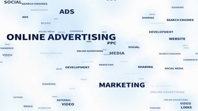 online advertising word tag cloud,important related terms about online advertising drift through cyberspace.text design animation,seamless loop. 