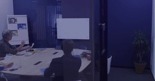 Animation of data processing over diverse business people in office. Global business, finances, computing and data processing concept digitally generated video.