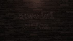 Special offer with neon text effect in wall background. Seamless looping video