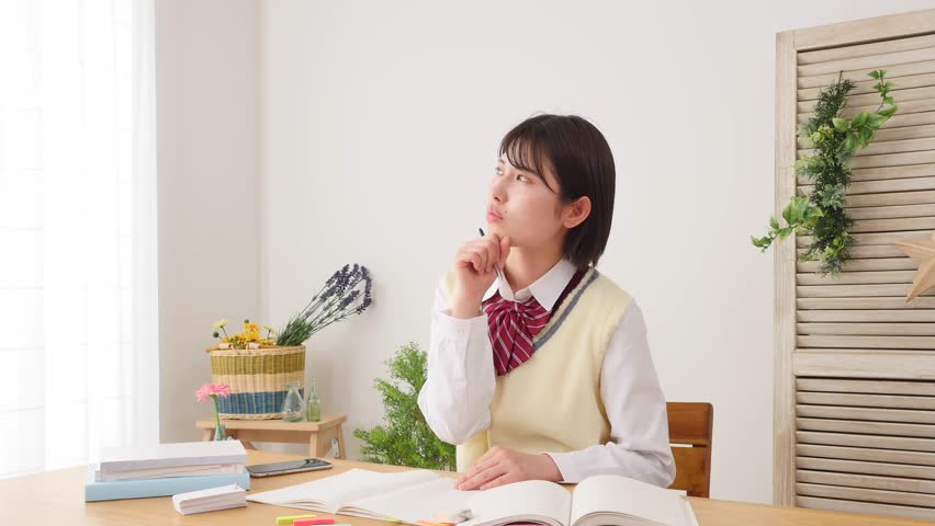 Asian high school student studying while thinking at home Royalty-Free Stock Footage #1100946023