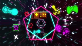 Animation of video game and digital icons data processing over light trails. Global video game, digital interface, computing and data processing concept digitally generated video. - Powered by Shutterstock - Get 15% off with code: PIKWIZARD15