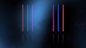Animation of mathematical equations and geometric drawings over neon stripes. Science and learning concept digitally generated video.