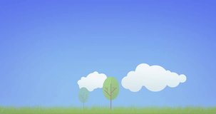 Animation of trees and clouds over rainbow on blue background. Spring and nature concept digitally generated video.