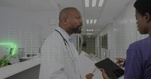 Animation of medical data processing over diverse doctors. Global medicine, healthcare, digital interface, computing and data processing concept digitally generated video.