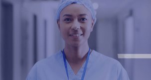Animation of medical data processing over smiling biracial female doctor in hospital. Global medicine, healthcare, digital interface, computing and data processing concept digitally generated video.