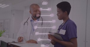 Animation of dna strand and data processing over diverse doctors. Global medicine, healthcare, digital interface, computing and data processing concept digitally generated video.