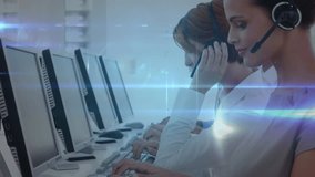 Animation of connected profile icons over diverse call center agents talking over headsets in office. Digital composite, customer service, computer, team, assisting, telecommunication and technology. - Powered by Shutterstock - Get 15% off with code: PIKWIZARD15