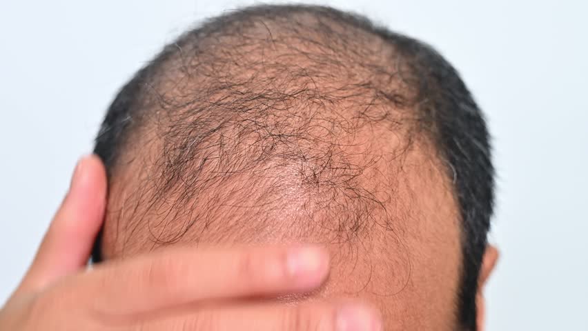 Asian baldness man touching his head with hair loss problem. Hair loss occurs when new hair doesn't replace the hair that has fallen out.  Royalty-Free Stock Footage #1100954957