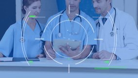 Animation of data processing over diverse doctors. Global medicine, business, finances, computing and data processing concept digitally generated video.
