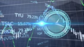 Animation of ticking clock, blue light spot and stock market data processing against tall building. Global economy and business technology concept - Powered by Shutterstock - Get 15% off with code: PIKWIZARD15