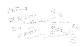 Animation of mathematical formulae and data processing on white background. Global science, business, finances, computing and data processing concept digitally generated video.