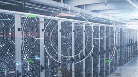Animation of circle scanning over electronic circuit board patterns on data center racks. Digital composite, database, futuristic, abstract, network security, data center, networking, technology. - Powered by Shutterstock - Get 15% off with code: PIKWIZARD15