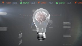 Animation of human brain, light bulb and data processing. Global science, research, computing and data processing concept digitally generated video.